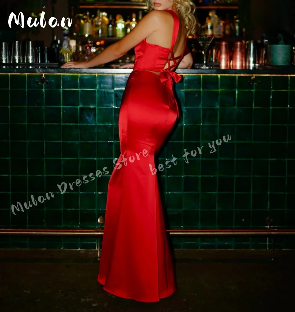 Red Mermaid Glossy Satin Prom Dresses Lace-up Sleeveless Simple Evening Dresses 2024 Fashion Formal Wedding Party Gown