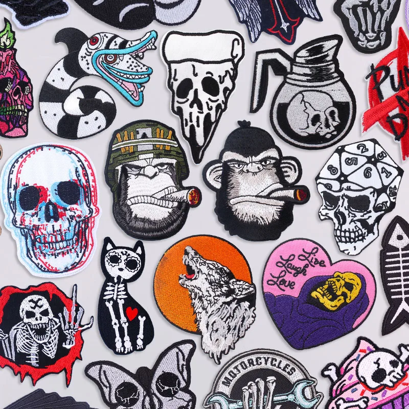 Punk-Tier-Stickerei-Aufnäher zum Aufbügeln für Kleidung, thermoadhäsive Aufnäher für Jacken, Horror-Totenkopf, DIY, dekorative Aufnäher