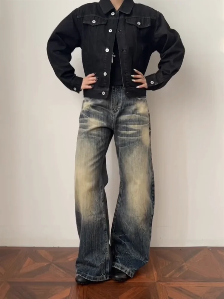 

Retro American Large Size Denim Jeans Women's Loose Casual Slim Wide Leg Long Pants Bamboo Fiber Washed out Style High Waist