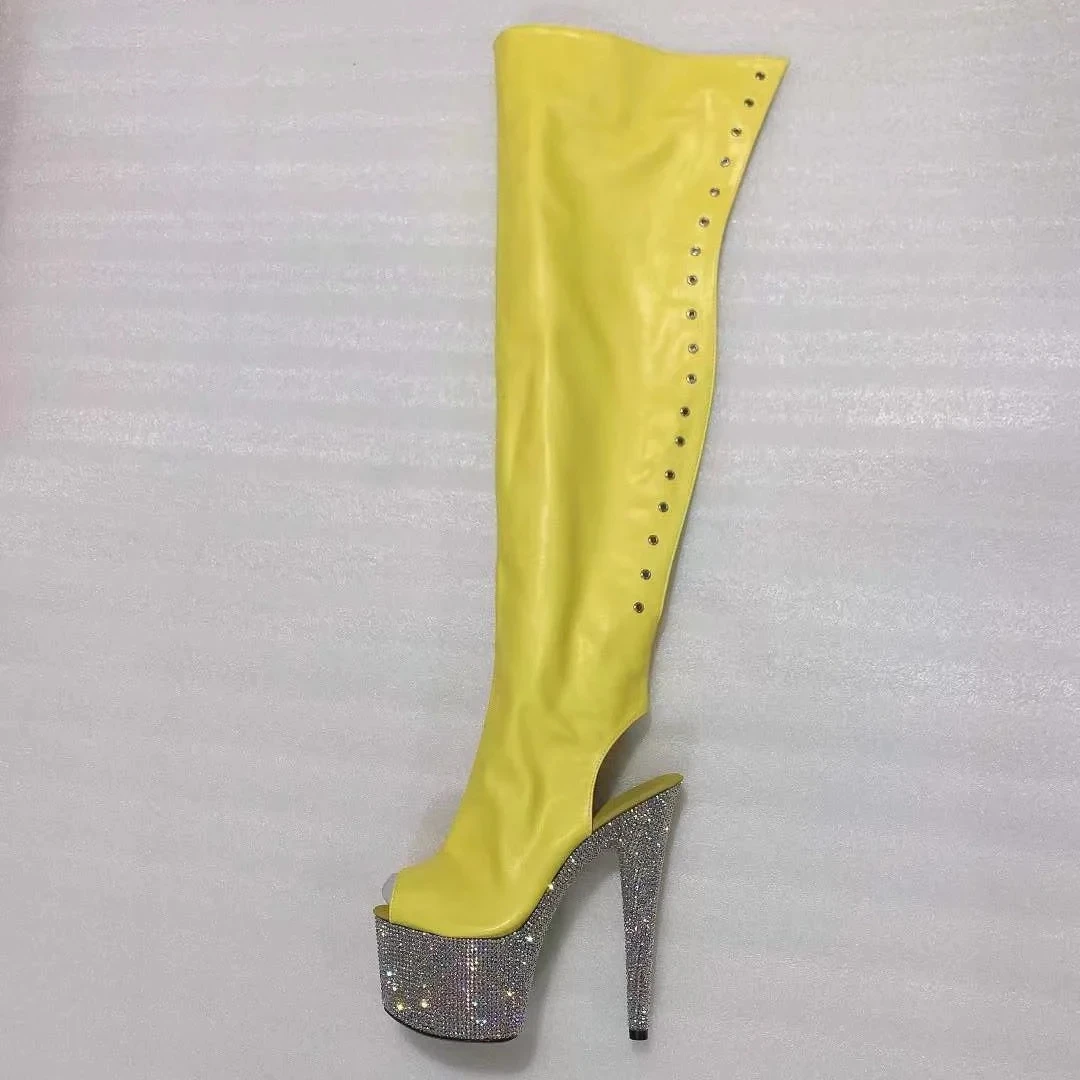 15cm heels with shiny diamond soles, zipper openings, over-the-knee , peep-toe sexy model pole dancing performance dance shoes