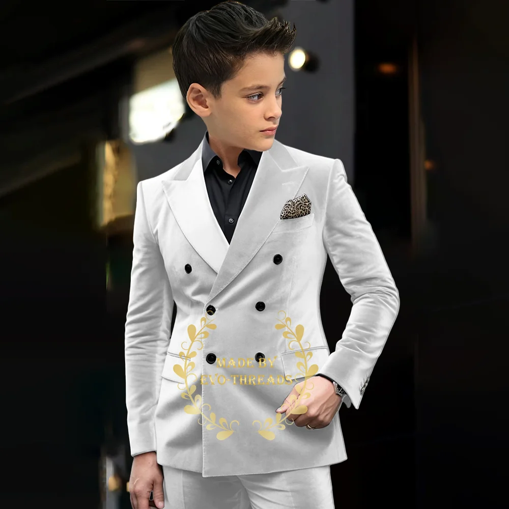 Elegant velvet boy suit 2pcs gray double breasted jacket pants tailored fit kids clothing for wedding prom cocktail party tuxedo