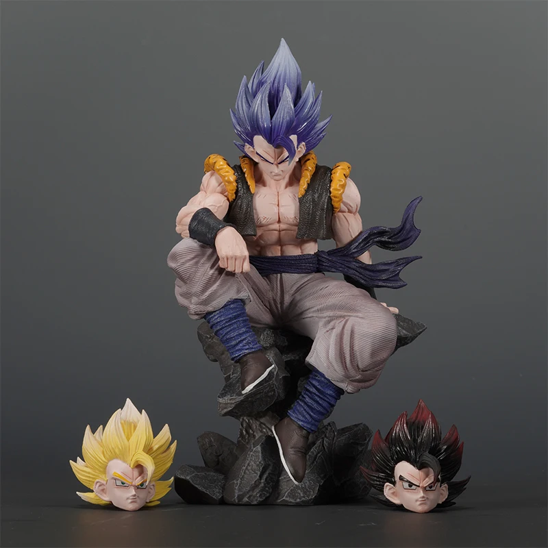 23cm Anime Dragon Ball Figure Gk Gogeta Three Head Replaceable Sitting Posture Gogeta Figures Pvc Model Doll Ornaments Toy Gift