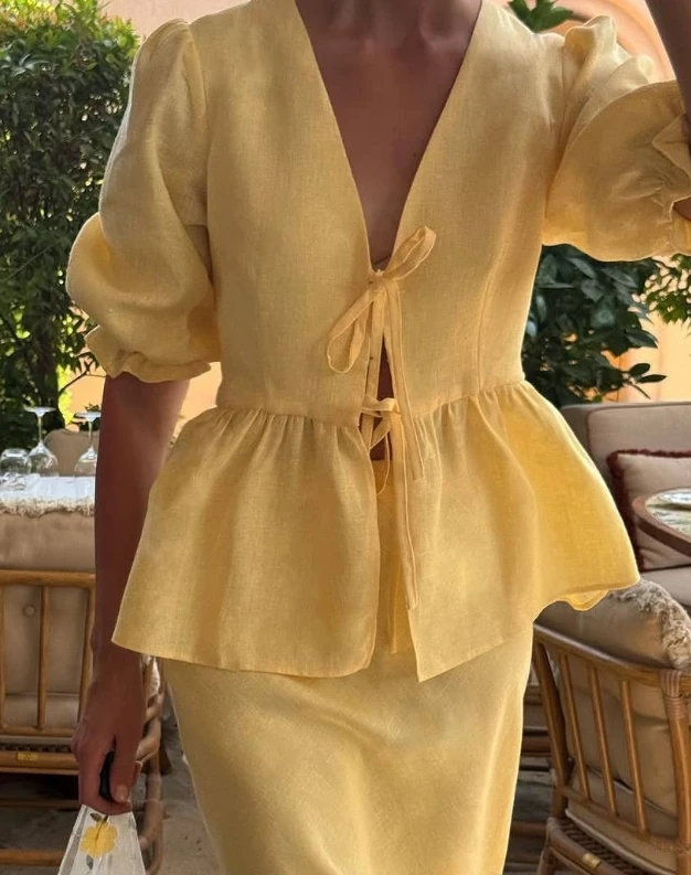 Dress 2025 Fashion Latest Hot Selling Style Unique Women Summer New Fashion Bubble Sleeve V-Neck Strap Top High Waist Skirt Set