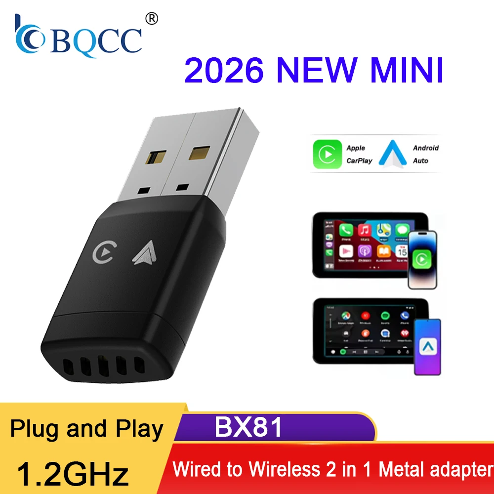 

BQCC 2-in-1 New Wireless CarPlay Adapter Wired to Wireless Dongle for Apple & Android Auto Plug and Play Universal Car Accessory