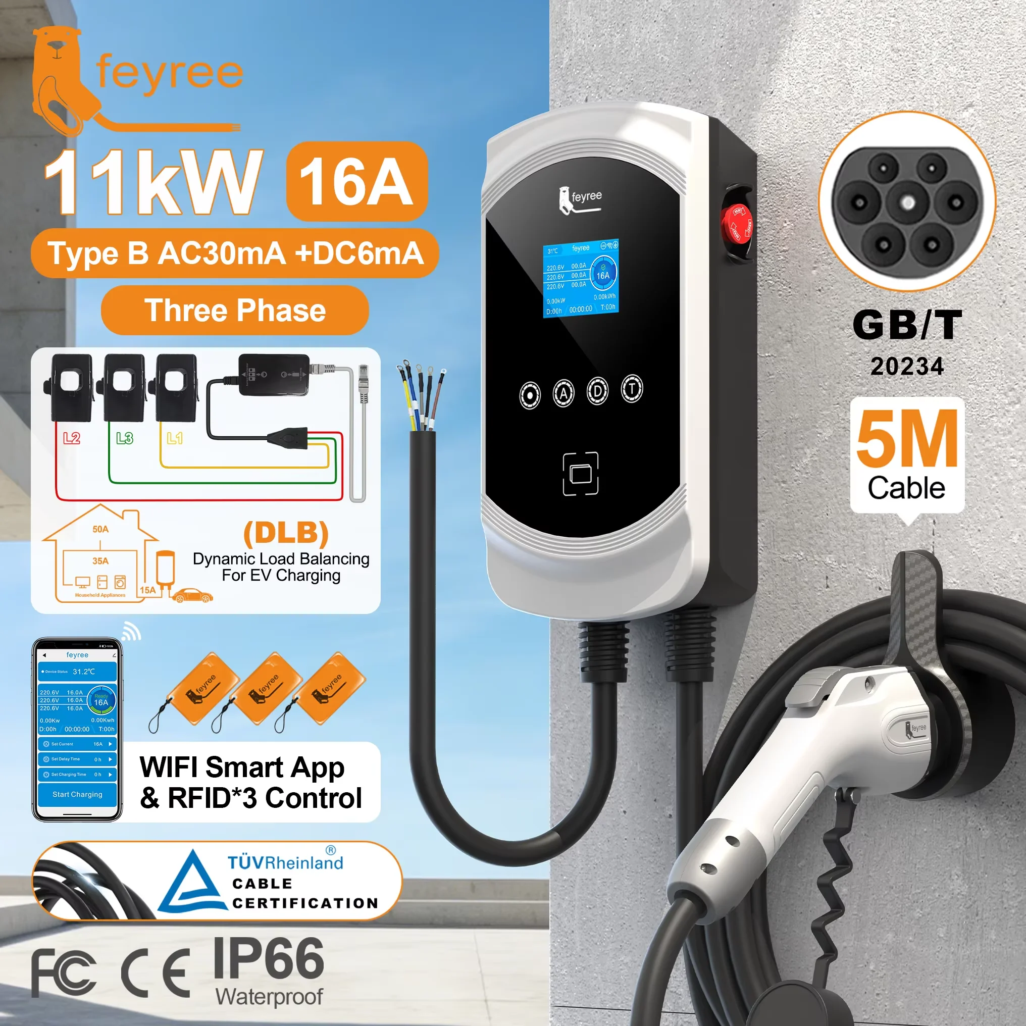 Feyree Charging EVSE Wallbox 22kW Fast Load Balance Function AC Home  EV Charger GB/T Socket Charging for Electric Car32A 3Phase