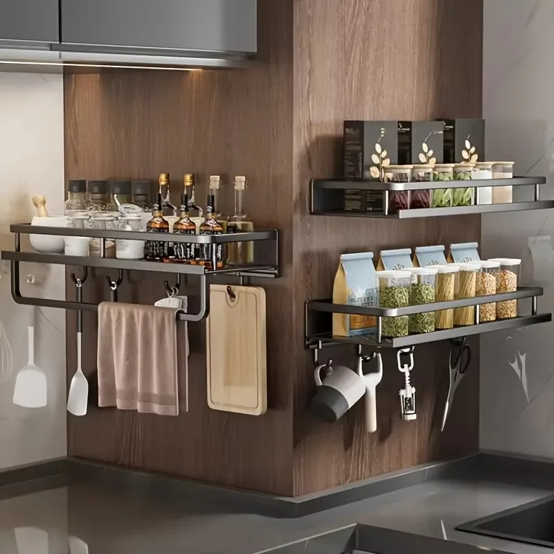 Aluminum Wall-Mounted Shelf Multifunctional Kitchen Spice Storage Rack Kitchen No Punching Required Kitchen Accessories