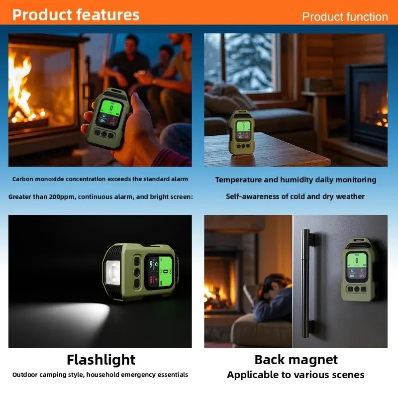 

with Alarm Humidity Temperature Detection too Portable Camping 4-in-1 Carbon Monoxide Detector LED Screen CO CO2 Detector