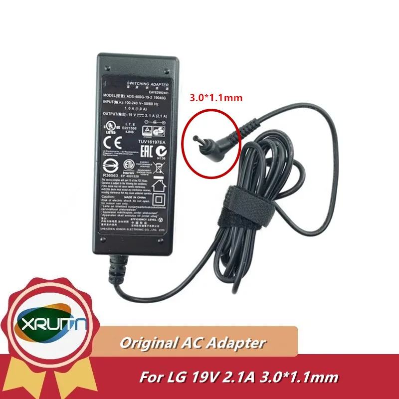 

Original For LG Switching Adapter 19V 2.1A ADS-40SG-19-2 19040G 3.0mm*1.0mm Power supply Charger Cord EAY63128601 GRAM 15Z980-A