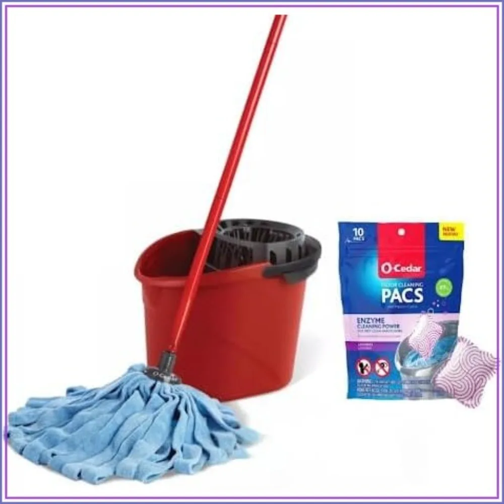 Quickwring Mop Bucket with Microfiber Cloth Mop + Lavender Floor Cleaner Pacs (3-Pack)