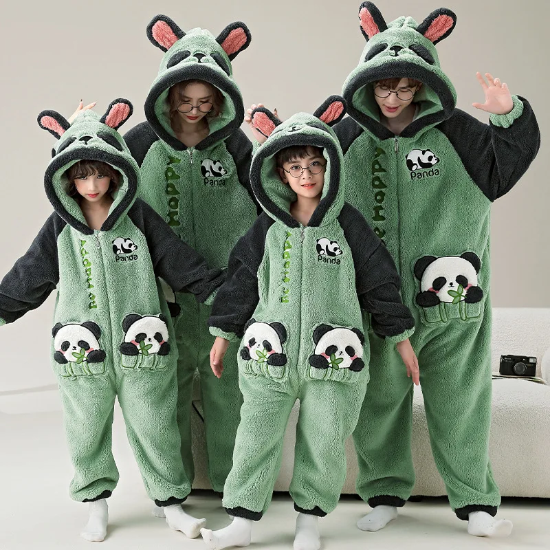 Kawaii Panda Sleepwear Women Men Kids Pajamas Onesie Winter Thicken Pyjamas Jumpsuit Zipper Funny Cute Christmas Family Pajamas