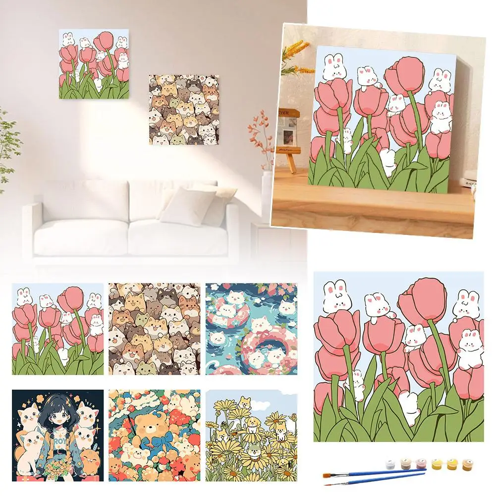 New Creative Tulip Animal Digital Oil Painting Diy Painting Hanging Decorative Coloring Healing Cartoon Handmade Flower Pai T3N6