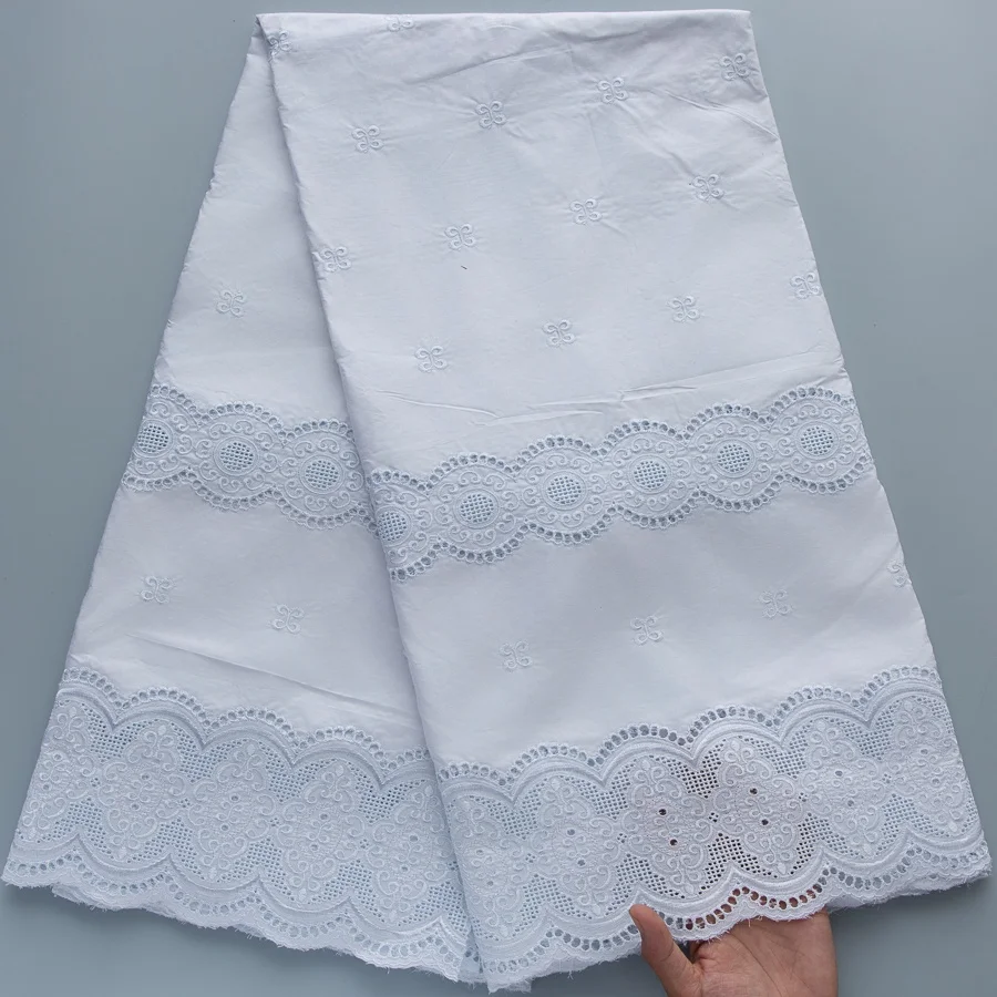 African Swiss Voile Cotton Fabric Men's White Embroidered Lace, Hollow Eyelet Scalloped Lace Trim, Soft Cotton For Men Garment