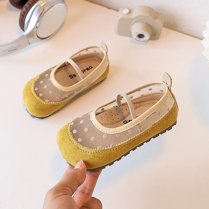 

New Children's Mesh Leather Shoes Spring Autumn Girls Fashion Ballet Shoes Elegant Princess Kids Causal Flat Loafers Patchwork