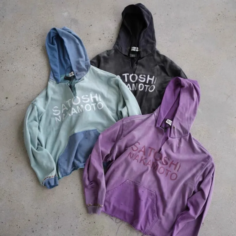 26ss Men Women Oversize Streetwear Vintage Distressed Washed Worn SATOSHI Hoodie Fading Letter Cut V-neck Nail Bead Cuffs Hoody