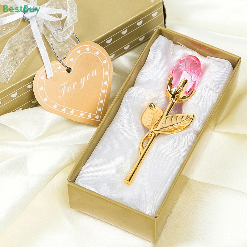 Creative Romantic Crystal Rose Figurines Crafts Valentine Day Favors Souvenir Home Wedding Decoration Ornaments Couple Gift Box