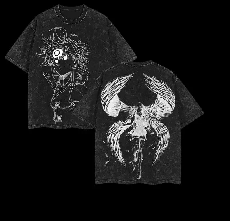 Camiseta de Algodón Lavado Vintage con Estampado de Meliodas de Los Siete Pecados Capitales, Periféricos de Anime, para Hombre y Mujer, Talla Grande, Nueva Colección de Verano