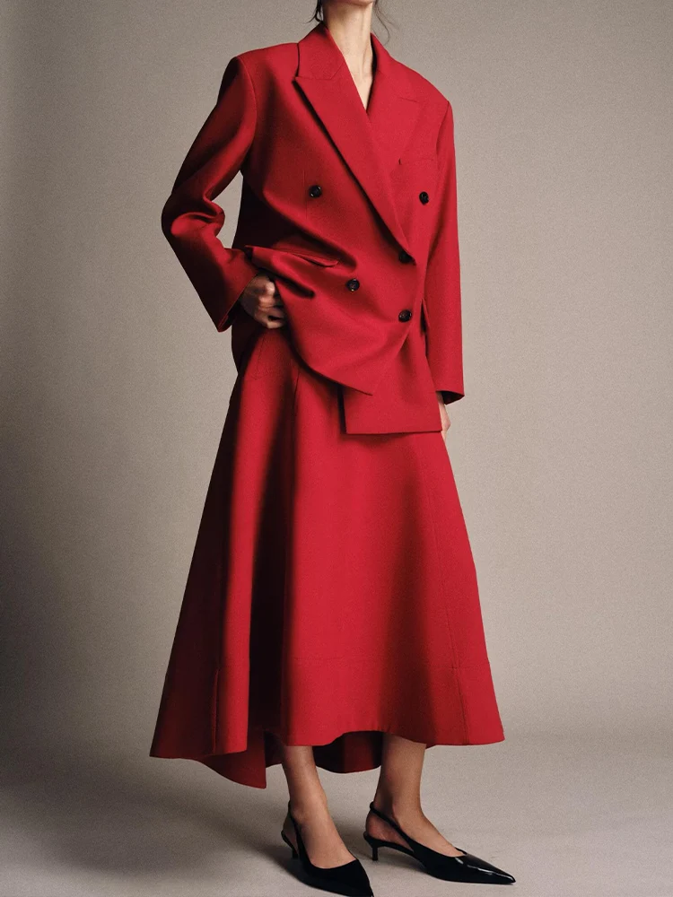 

European style new arrival women's fashion versatile and elegant solid color straight-cut double-breasted blazer and skirt set.