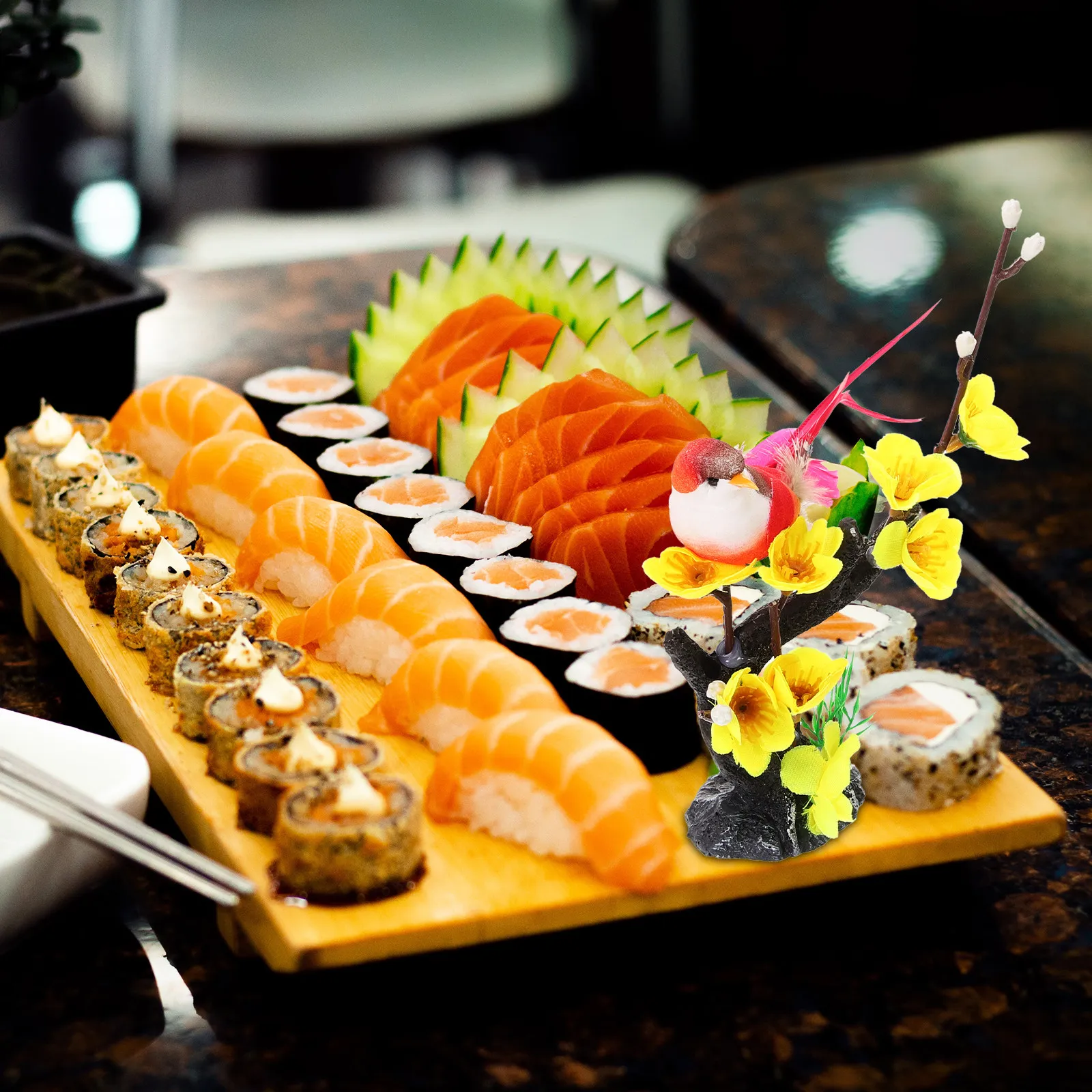 

2 шт. Японские тарелки для суши с искусственным декором в виде цветов сливы, натурального цвета, для украшения тарелок, посуда для ресторанов, искусственные растения для интерьера