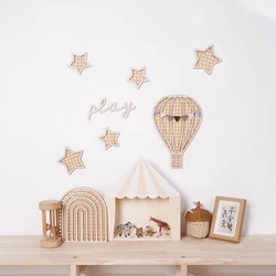 Nordic 3D Rattan Woven Wall Ornaments Wooden Vine Rainbow Hot Air Balloon Moon Star Wall Stickers Baby Room Decoration For Kids