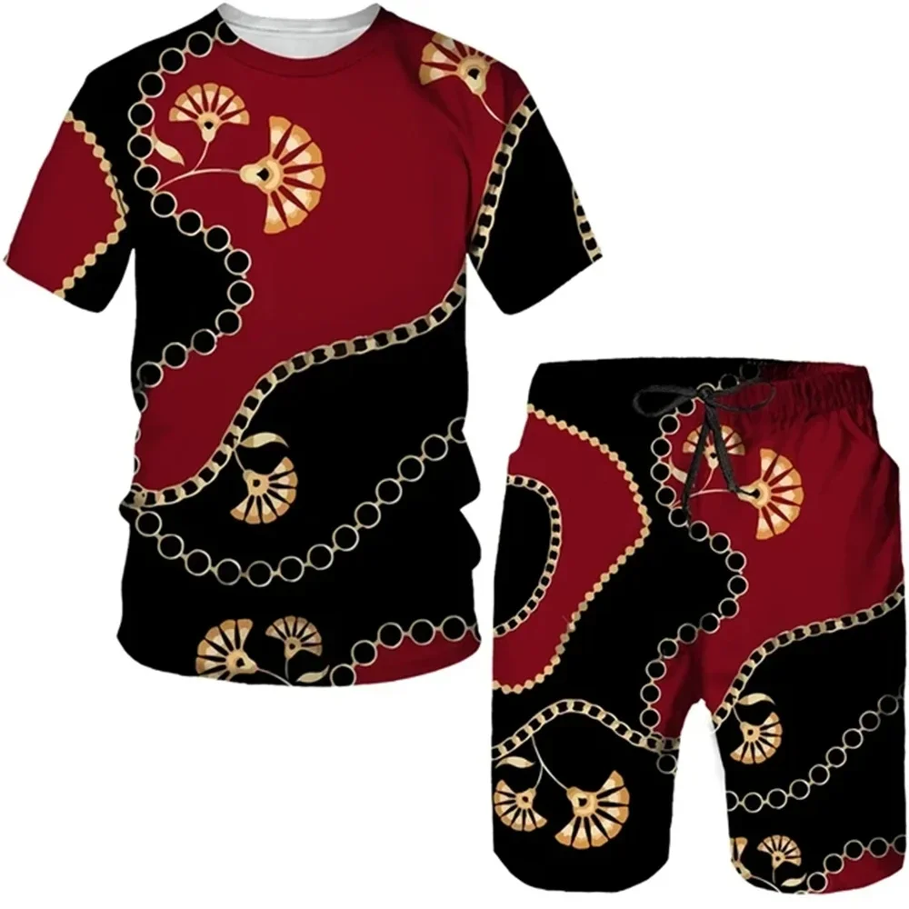 2025 Summer New Luxury Gold Printed 3D Men's and Women's T-shirt Shorts Set Retro Baroque Pattern Two Piece Set