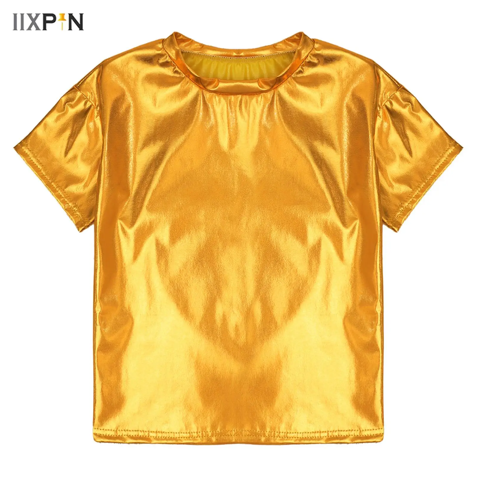 Boys Girls Holography Metallic T-Shirt Hip Hop Dance Top Short Sleeve Sparkly Loose Blouse Dance Performance Costume Streetwear