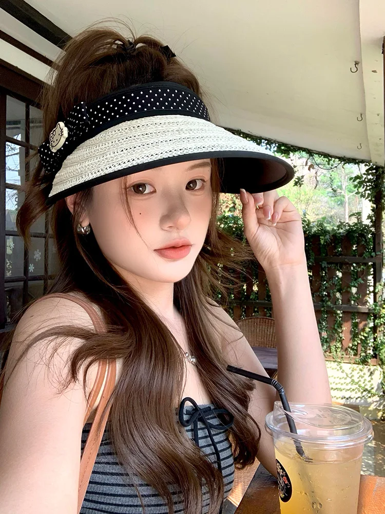 Cute Straw Woven Empty Top Sun Hat Women Summer New Large Brim Hat Sunshade Outdoor Hat Casual Cartoon Style for Shopping