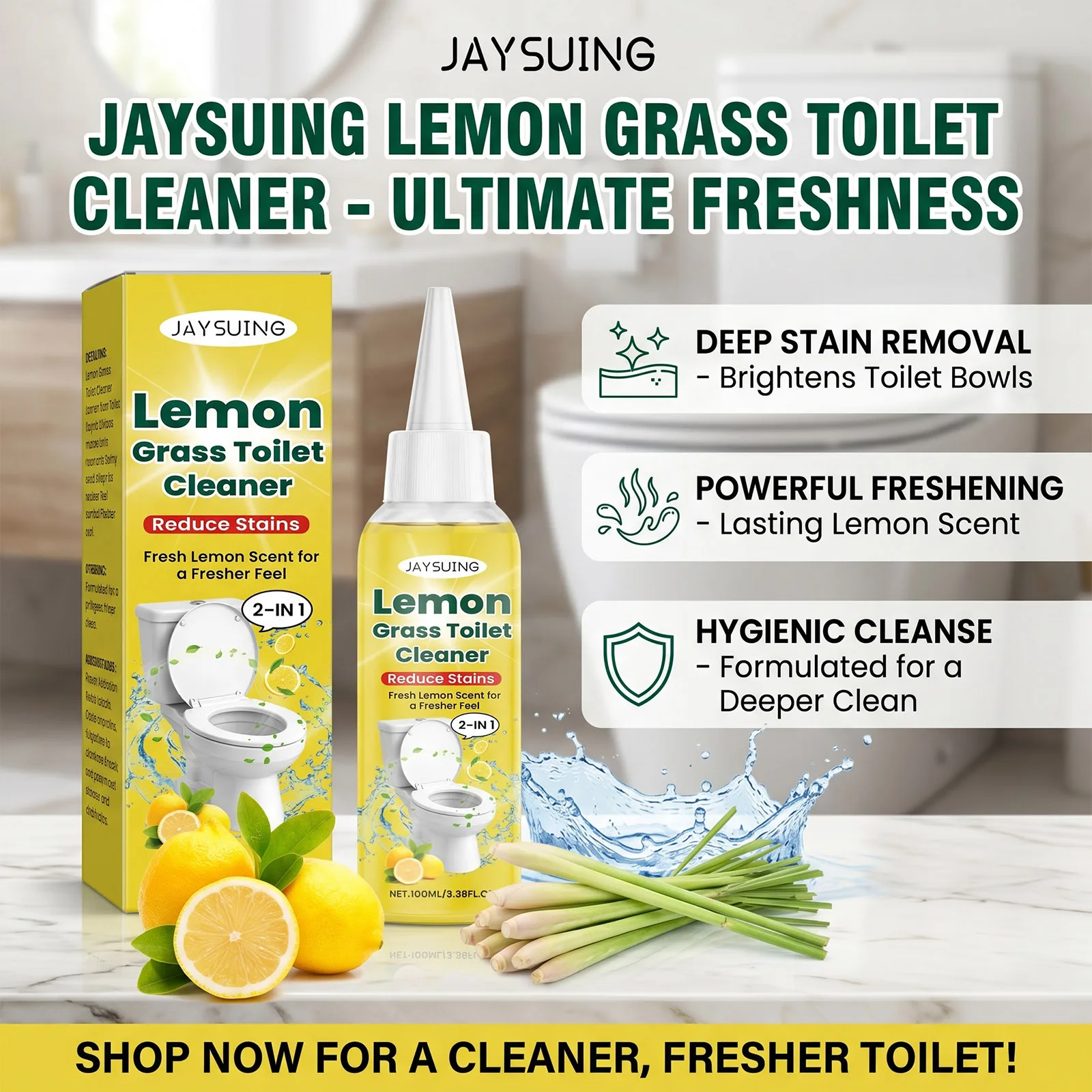 Lemongrass Toilet Bowl Cleaner Liquid Plant Extract Deep Cleaning Stain Limescale Odor Remover Fresh Deodorizing Bathroom Care