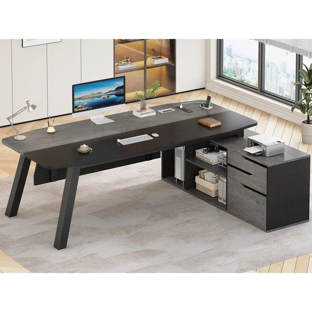 

71-inch Gray Executive Desk with File Cabinet, Large Office Desk with Drawers and Shelves, L-Shaped Computer Desk with Power Out