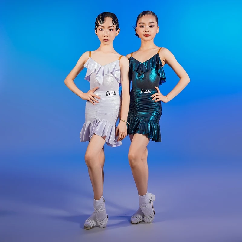 

Shiny Hot Stamping Latin Dance Practice Outfit Girls Ruffled Latin Dance Dresses Kids Performance Dancing Costumes SL11885