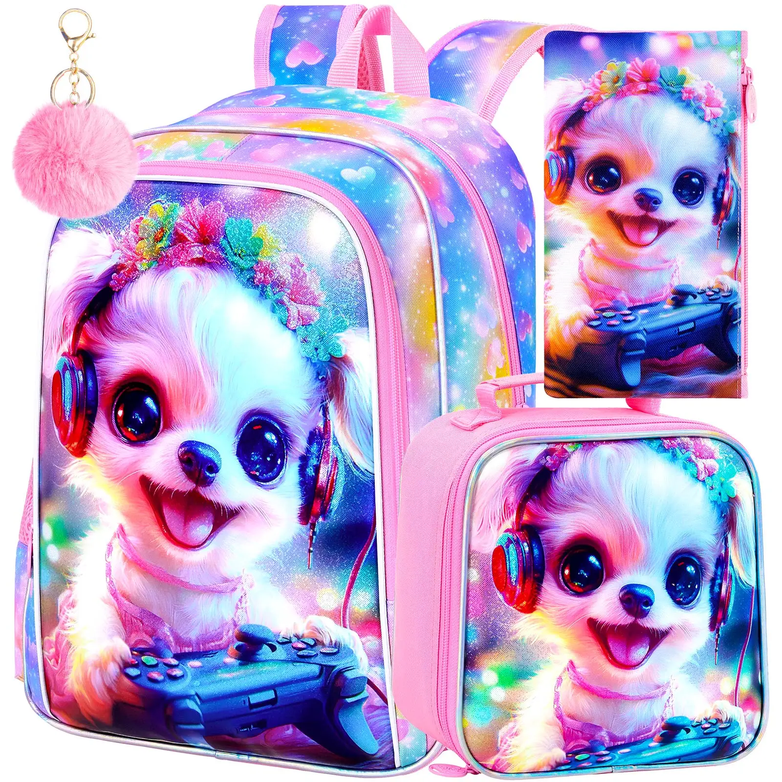 

Набор из 3 предметов: 16-дюймовый детский рюкзак с милым щенком, школьный рюкзак с пастельным градиентом, ланч-бокс и пенал для девочек начальной школы