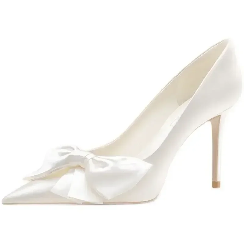 New  Bridal  White Satin Bow Stiletto High Heels  Pumps Single  Wedding Shoes