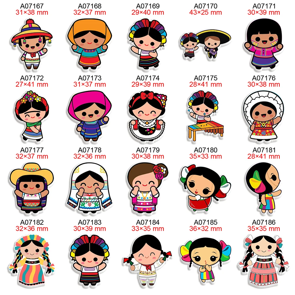 Acrylic Mexican Girl Cartoon Printed Flatback Planar Resin Cabochon for DIY Bows Party Craft Supplies Handmade Material