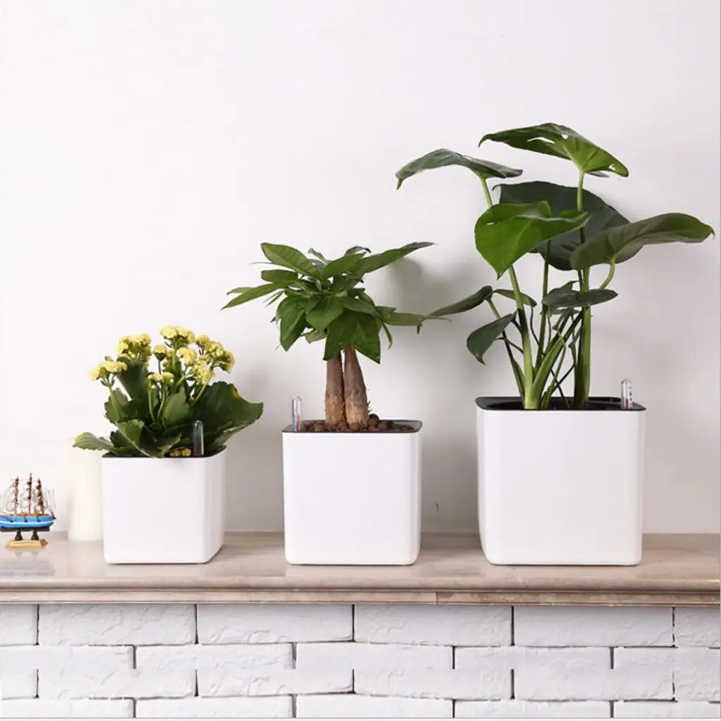 White Automatic Watering Planter with Water Level Indicator, Modern Decorative Planter
