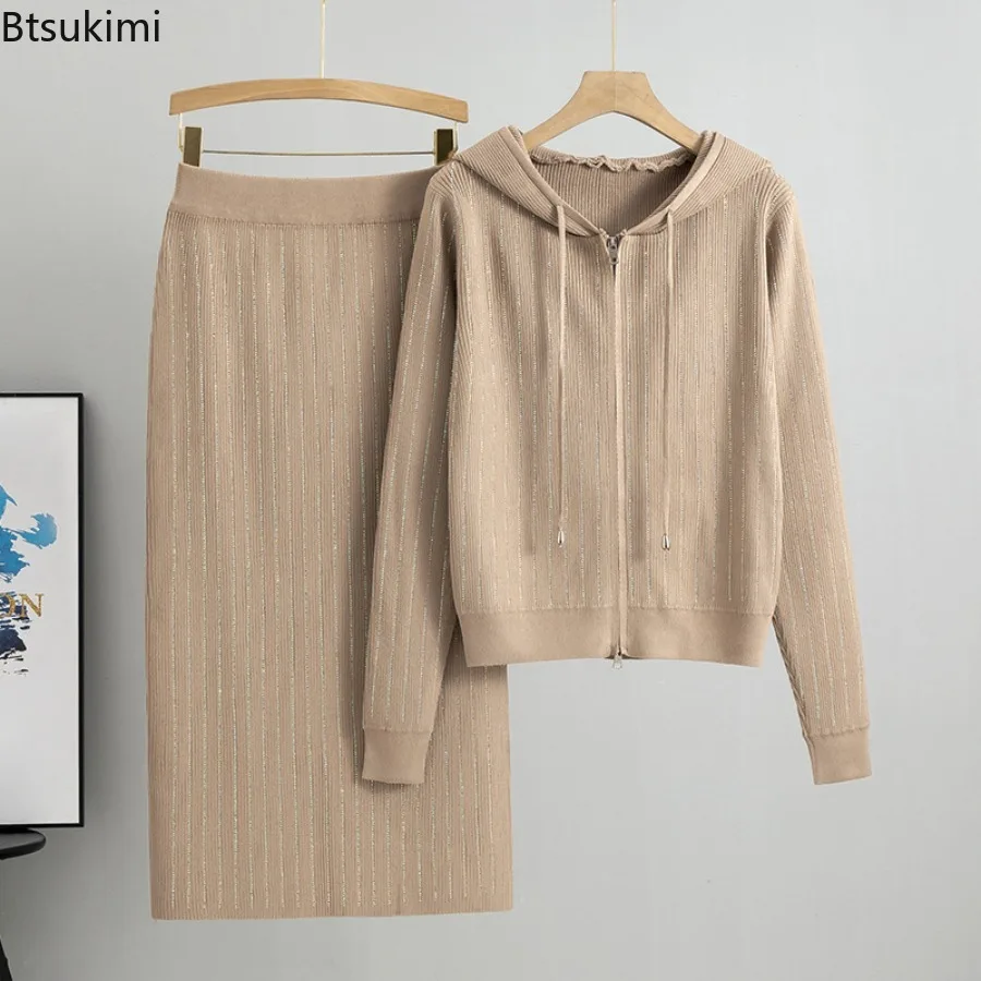 2026 New Women Knitted Cardigan High Waisted Buttocks Wrapped Skirt 2 Piece Suits Autumn Winter Luxury Hot Diamond Fashion Sets