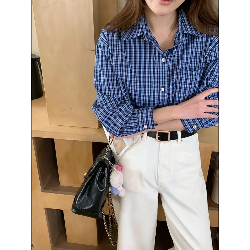 

Blue Plaid Turn-down Collar Loose Long-sleeve Shirt