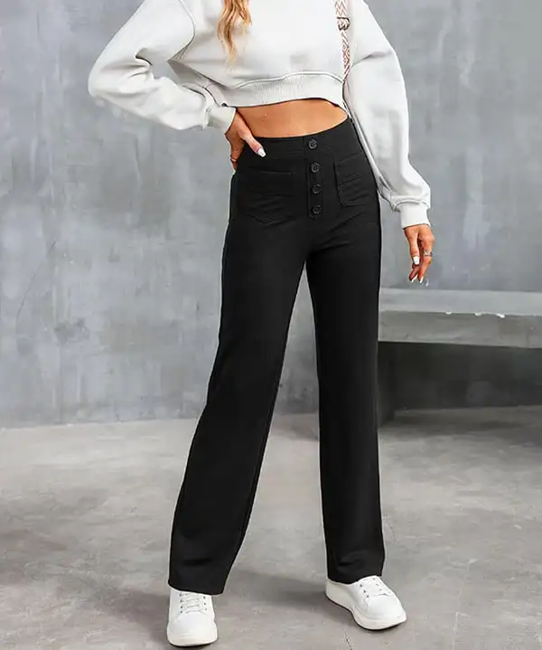 Casual High Waisted Straight Leg Pants with High Waisted Buttons Elastic Slim Fit with Multiple Pockets for Women's Commut Pants