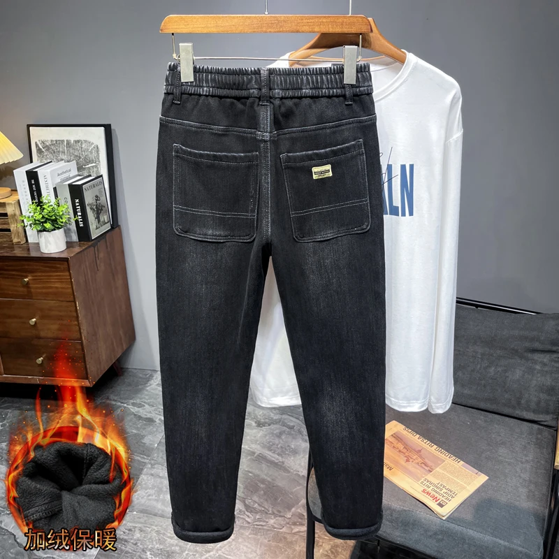 Winter New Black Fleece Jeans Trendy Brand Ins Loose Casual Thickened Warm Denim Trousers Fashionable And Versatile Men\'s Pants