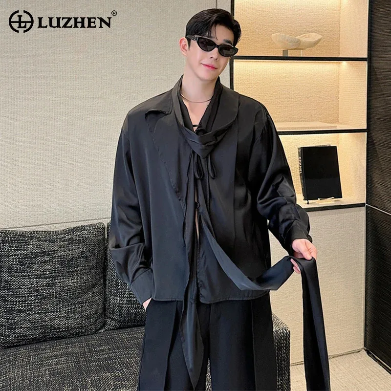 

LUZHEN Asymmetric Shirt Ribbon Patchwork Design Trendy Long Sleeve Blouses Original Luxury Elegant 2024 New Men Clothing LZ4779