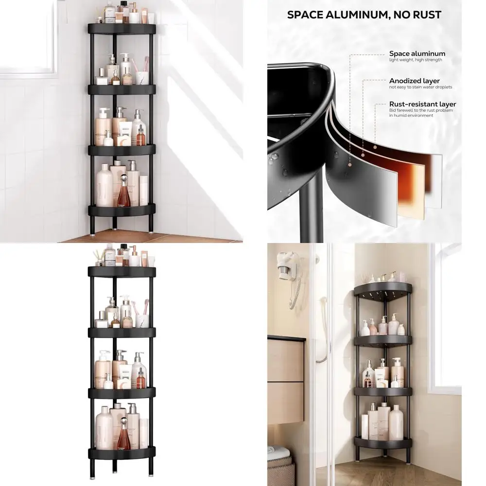 

4-Tier Aluminum Shower Caddy with Anti-Shake Stability and Adjustable Legs for Uneven Floors - Black