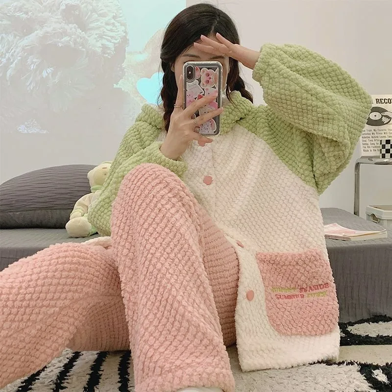 

Winter Pajamas Women Coral Fleece Thickened Velvet Nightclothes Suit 2024 New Female Simple Hooded Thermal Flannel Homewear Sets