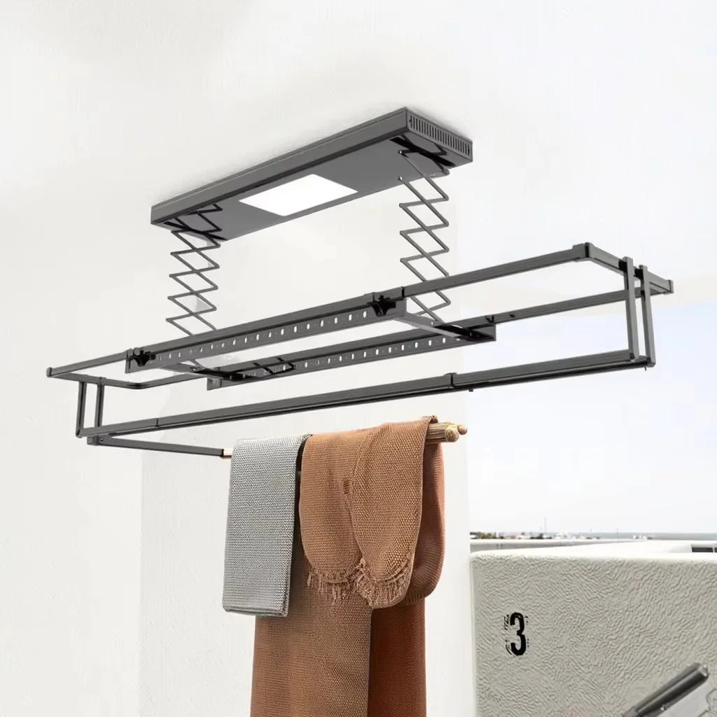 Elektryczny suszarka do ubrań z regulacją wysokości i oświetleniem LED, inteligentna elektroniczna suszarka do użytku wewnątrz pomieszczeń, idealna do łatwego użytkowania na balkonie.