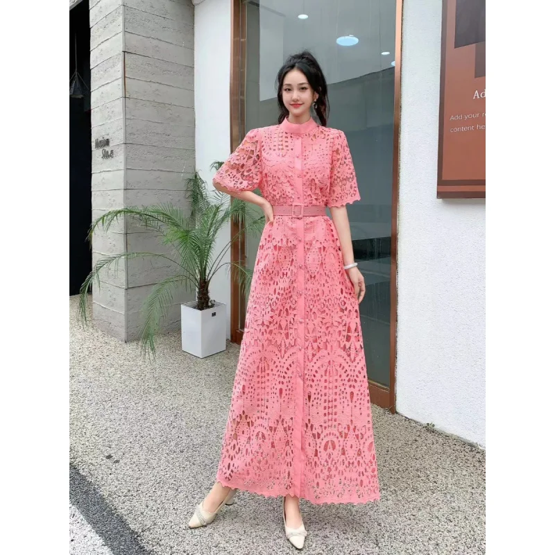 

White Fairy French Style Niche Retro Hollow Water-Soluble Lace Dress Summer New Platycodon Dress Heavy Craft Wisdom Smoked Dress