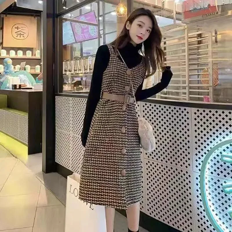 Autumn Winter V-neck Sleeveless Woolen Check Dress+half High Collar Sweater 2 Piece Sets Womens 2023 Streetwear Womens Clothing