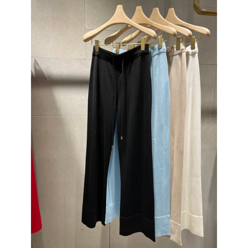 High Quality Long Sleeve Hollow Out Knit Black White Blue Beige Sweater Pullover Pants Set