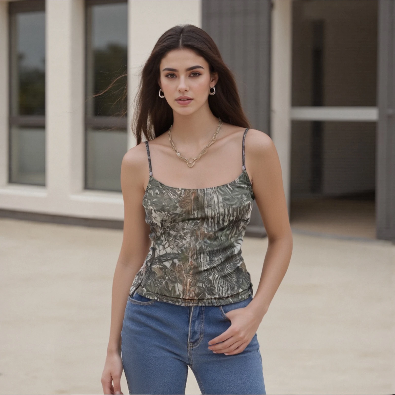 

Women's Fashion Sporty Cami Tops Sleeveless Scoop Neck Forest Camo Print Camisole Slim Fit Tank Vest Summer Streetwear
