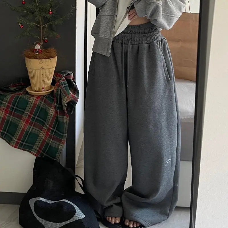 Deeptown Grey Fleece Sweatpants Women Y2k Oversized Winter Warm Brushed Pants Korean Streetwear Wide Trousers Joggers Harajuku