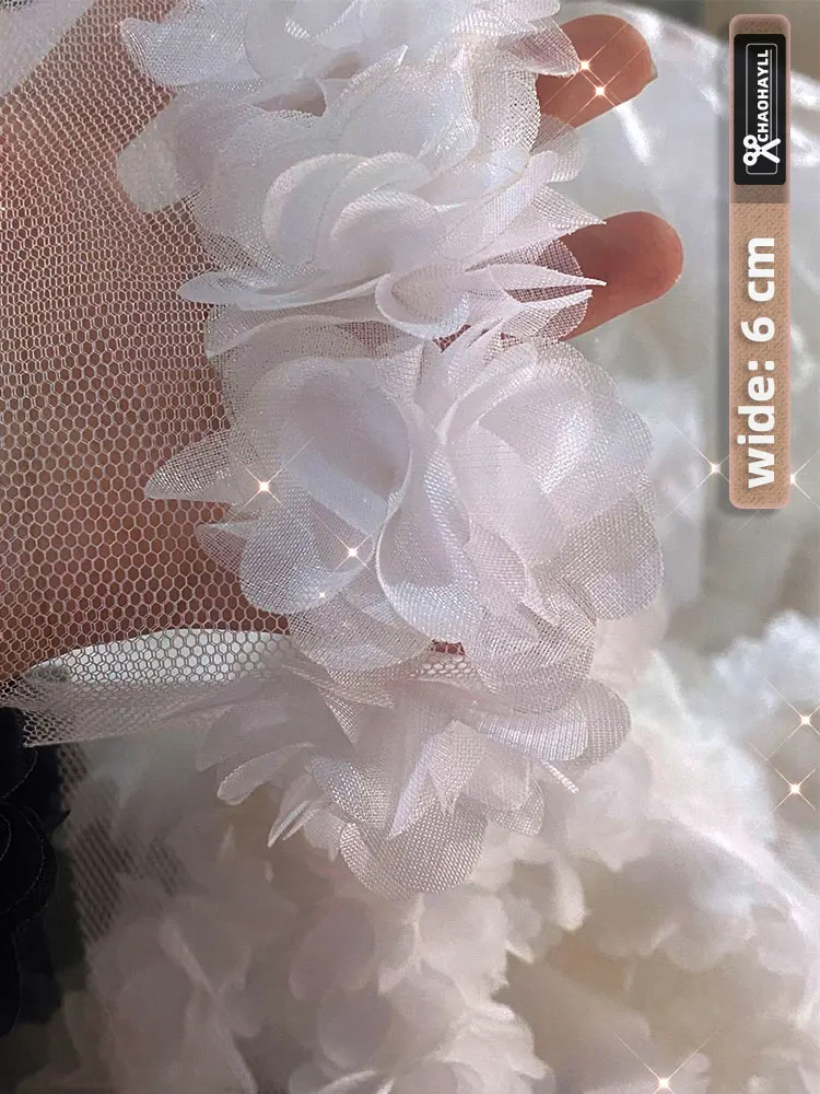 1 jard 6CM szerokości kwiatowy szyfon 3D tiulowa tkanina koronkowa dla wykończenie z frędzlami DIY sukienka na wesele marszczone mankiety sztuka