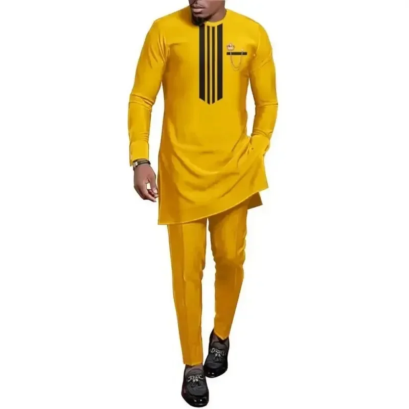 2024 M-4XL African Clothes for Men Autumn Fashion Dashiki Long Sleeve O-neck White Yellow Plus Size 2 PCS Top Pant Matching Sets