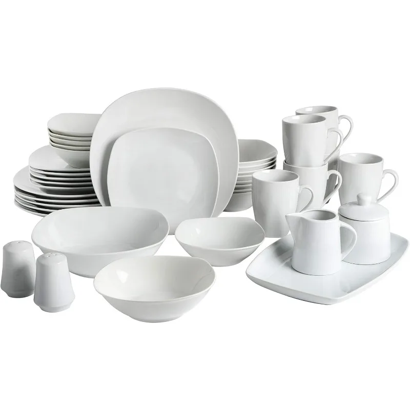 

Home Amelia Court Porcelain Dinnerware Set, Service for 6 (39 pcs), White (Soft Square)