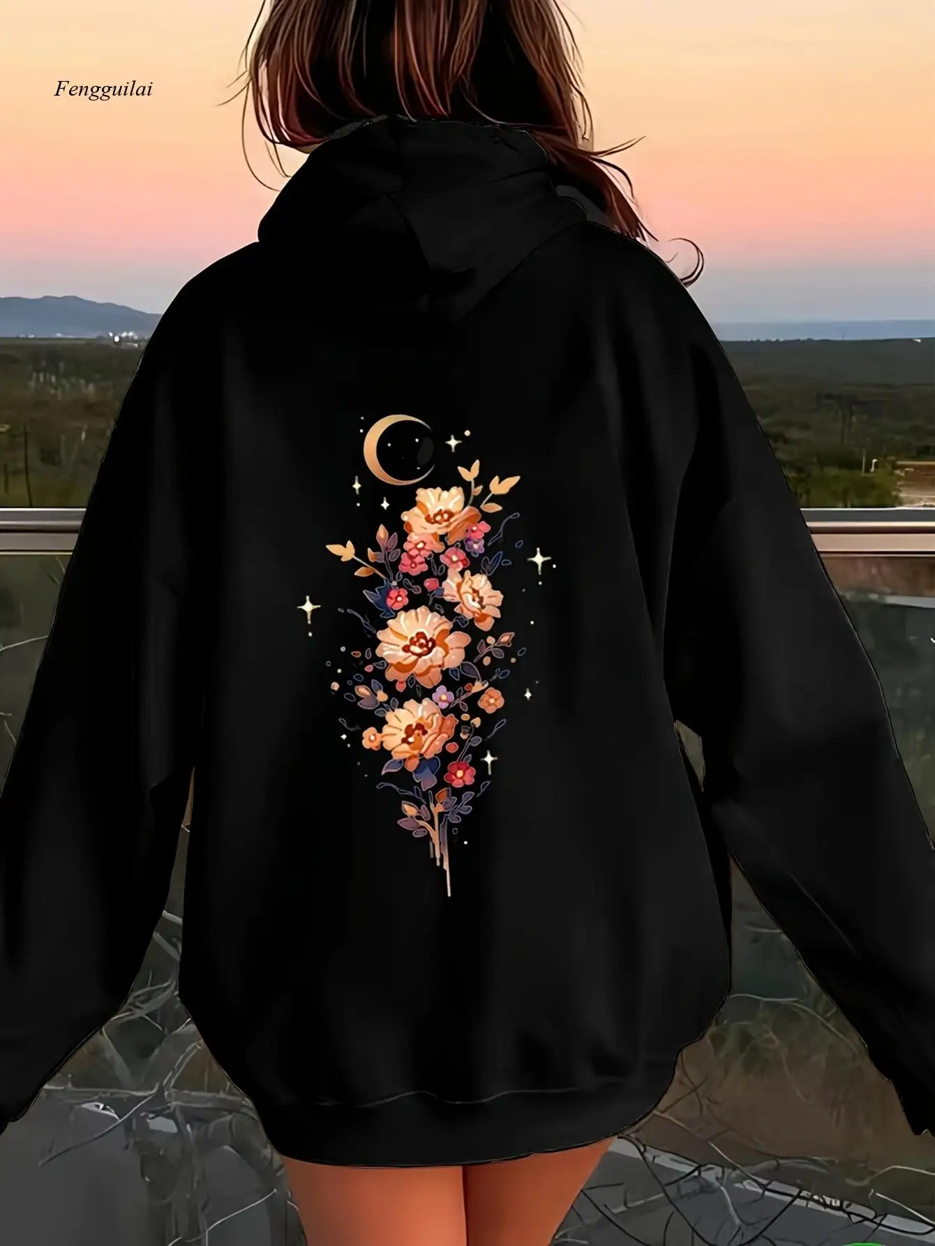 Felpa con cappuccio celeste nera - Pullover con cielo notturno floreale a mezzaluna e stella con cappuccio regolabile